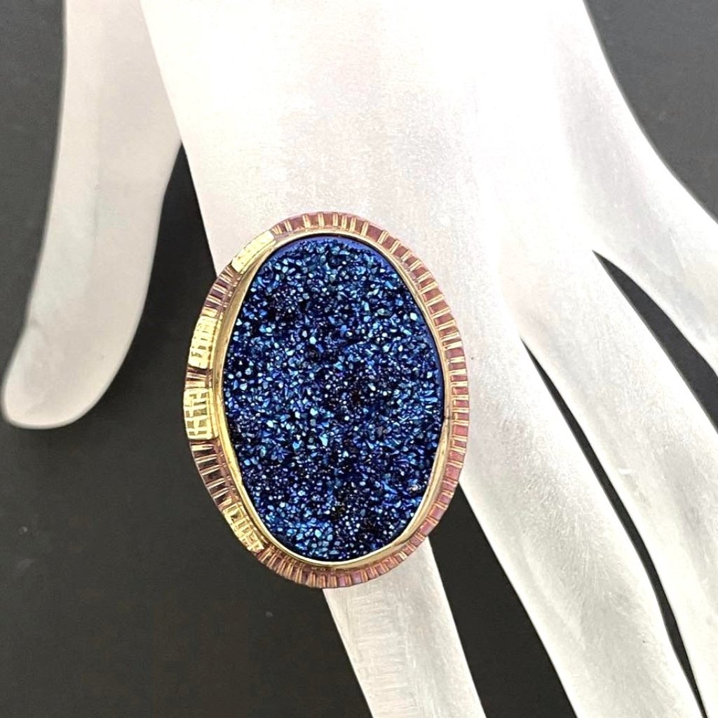 Julieshaw Titanium Plated Quartz Druzy Sterling 18k Gold Ring Sz 7 Fit $
